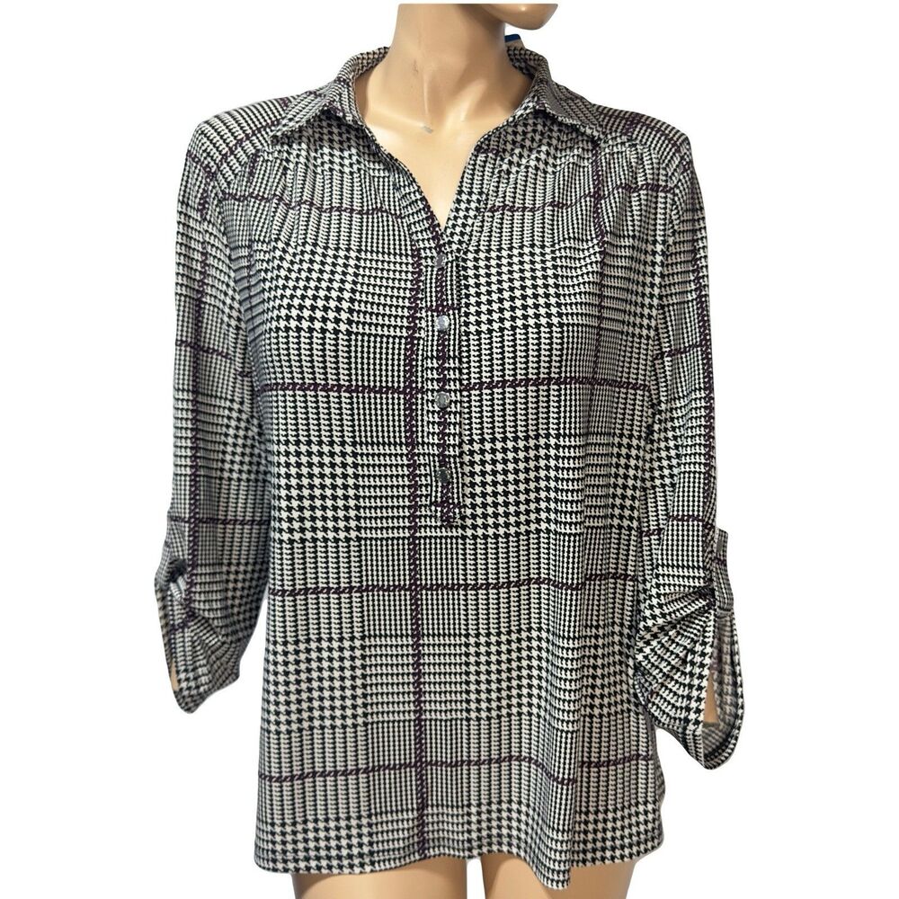 Anne Klein Blouse Roll Tab Sleeve Shirt Size 1X Glen Plaid Print Top Popover NWT
